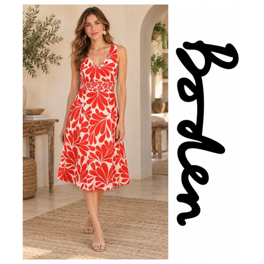 Boden Orange Ivory Floral Sleeveless 100% Cotton Sun Dress Beach Resort Cruise 6